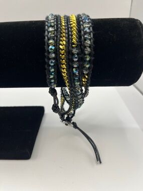Multi-Row Beaded Wrap Bracelet in Black and Gold Tone Chain Black Leather